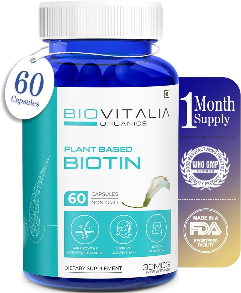 Planta base Biotina Suplemento cápsulas- Apoyo más potente uñas " Crecimiento del cabello Enriquecido con Sesbania Grandiflora Semillas girasol Amla Beetroot " Spinach - 60 Veg Capsules