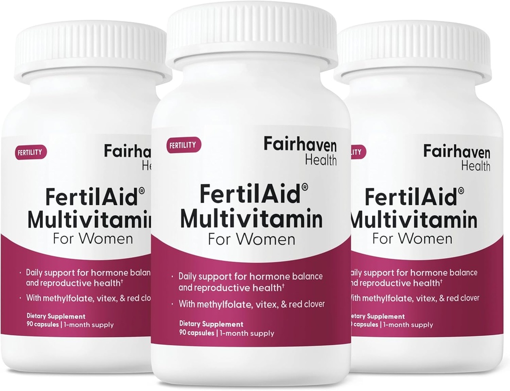 Fairhaven Health FertilAid for Women ← Vitamina Prenatal Suplementos de Fertilidad para Mujeres TENIDO Concepción para Ella con Vitex y Folate TENIDO Apoyo Ciclo Regularidad y Ovulación* TENIDO 270 cápsulas