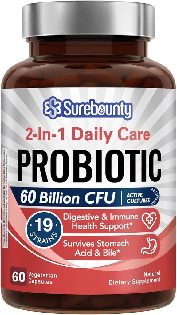 Probióticos 60 Billones CFU 19 Strains for Men &amp; Women, con 100 mg de Prebiótico, Estante Stable, 2 en-1 Daily Care Probiotic, Non-GMO, Digestive & Immune Health, 60 cápsulas vegetarianas