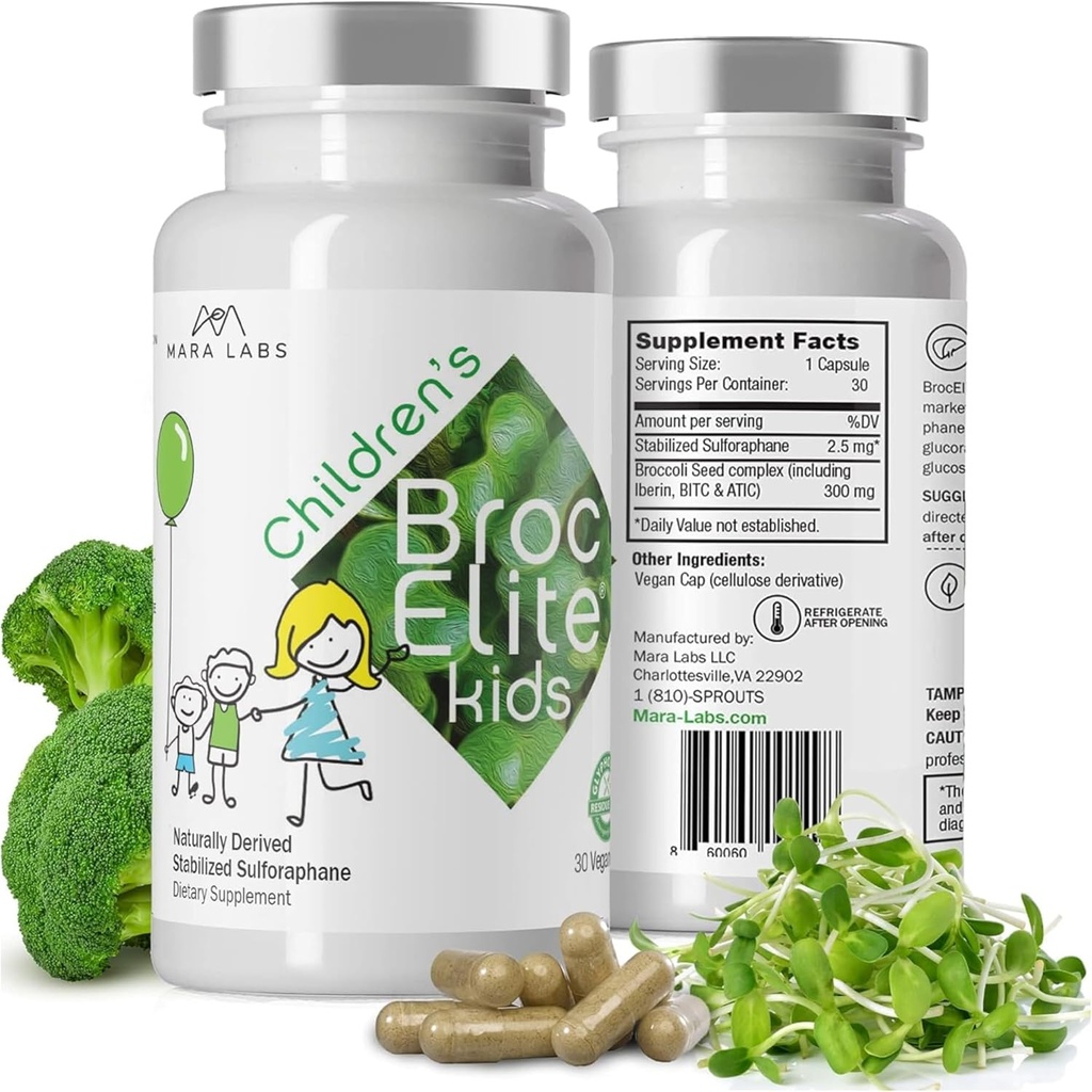 Mara Labs Kids ← Broccoli Suplemento w/Naturally Stabilized Sulforaphane Extract for Children TEN No Glyphosate Residue TEN 30 Vegan Capsules