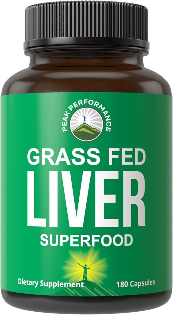 Peak Performance Grass Fed Desiccated Beef Liver Supplement 180 Capsules of Grassfed Liver Superfood Pills Contiene Hierro Natural, Vitaminas, Aminoácidos. Excelente para Immune Support