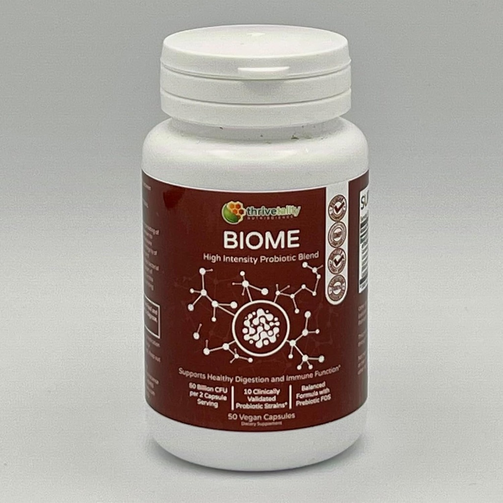 BIOME High Intensity Blend Probiotic Blend by Thrivetality TEN #1 Physician Fórmulated ← Clínicamente Provenidas 10 Strains validados + Prebiótico TEN 50 Billion CFU ANTE Digestive &amp; Immune Support