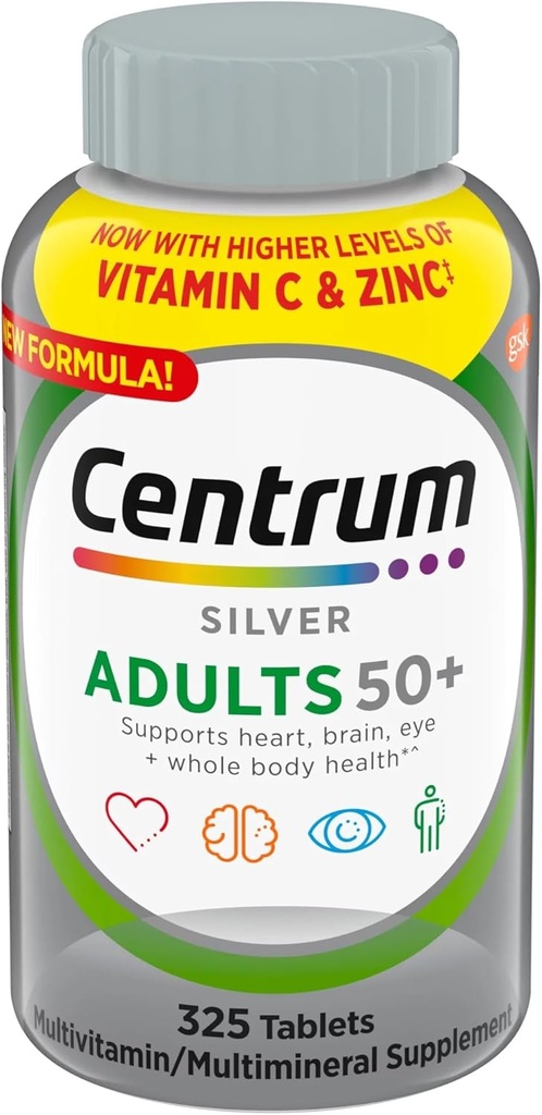 Centrum Adultos de Plata 50+ Multivitamina, 325 Tabletas+ Bundle con VITACARE Whistle Cadena Clave para exteriores