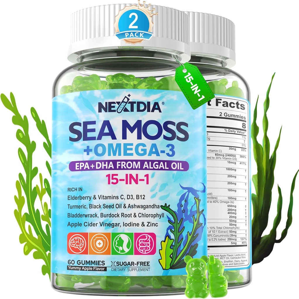Mar Moss Gummies + Algae Omega-3 para Adulto, 15-IN-1 Mar Irlandés orgánico Mos Superfood con/Vitamins C D3 B12, Turmeric, Bladderwrack, Supports Energy, Brain, Immune, Daily Vitality, Sugar-Free, 120 Cts