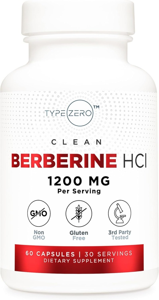 Tipo Zero Berberine HCL 1200mg 60 cápsulas - Limpio, no GMO, Gluten suplemento gratis