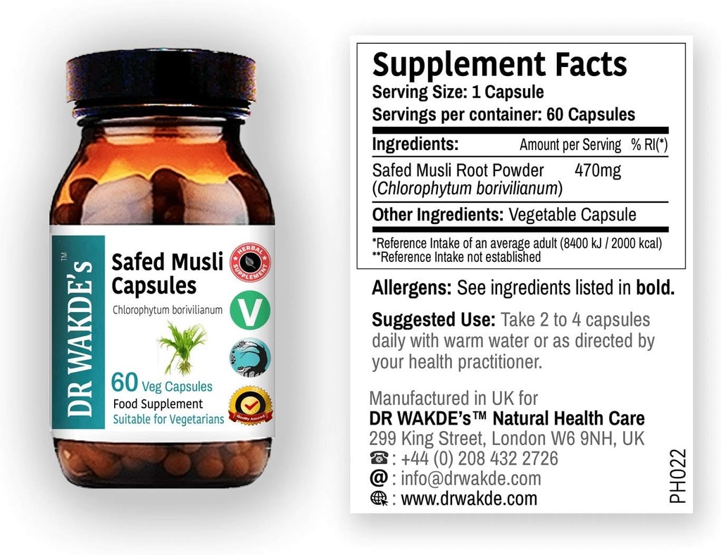 Dr. WAKDE'S Safed Musli Capsules (Chlorophytum borivilianum, 60 Veg Caps, Suplemento de base vegetal, hierba ayurvédica, todo natural, vegano)