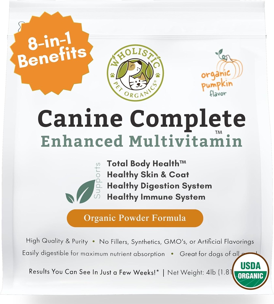 Orgánicas Wholistic Pet Orgánicas Canine Completa - Pólvora Multivitamínica Perro - 4 Lb - Vitaminas y suplementos diarios para alimentos caseros - Sistema de inmune, Esquía, Carne &amp; Salud general - Pequeña y Gran Gancho