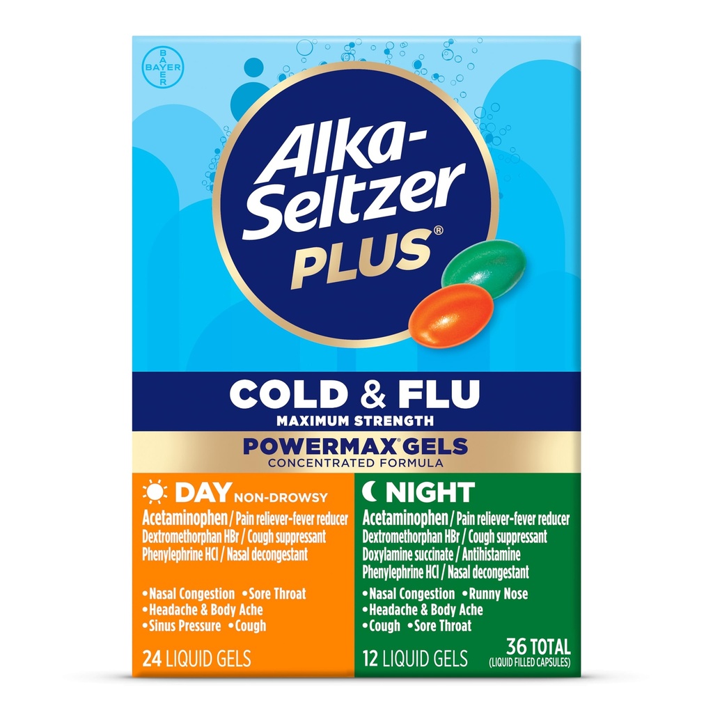 Alka-Seltzer Plus Power Max Cold & Flu Day+Night Medicine: Cough Suppressant, Cold and Flu Medicine For Adults and Children 12 Years and Older, 36 Count, Packaging May Vary