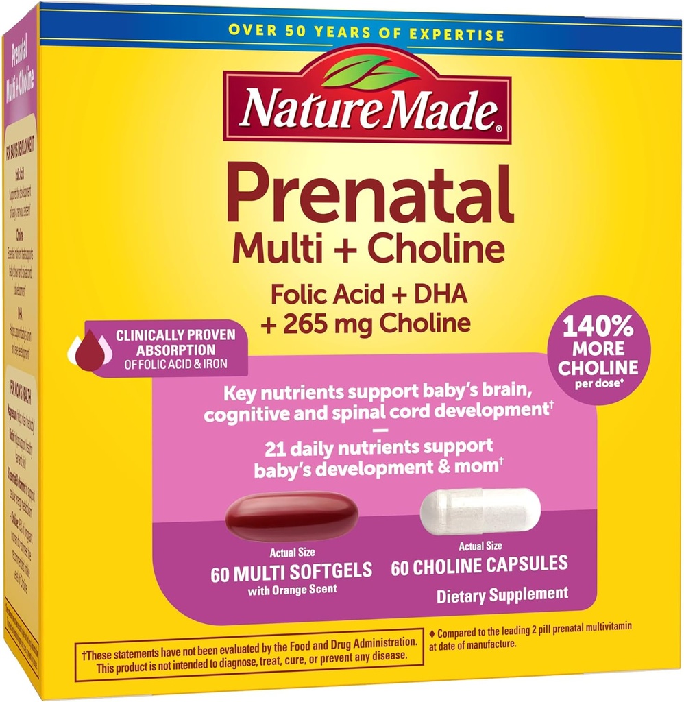 Nature Made Prenatal Vitamin Softgels + Choline Capsules, Folic Acid + DHA + Choline, 60 Vitaminas Prenatales para Mujeres, 60 Suplementos de Choline Capsules, 60 Day Supply
