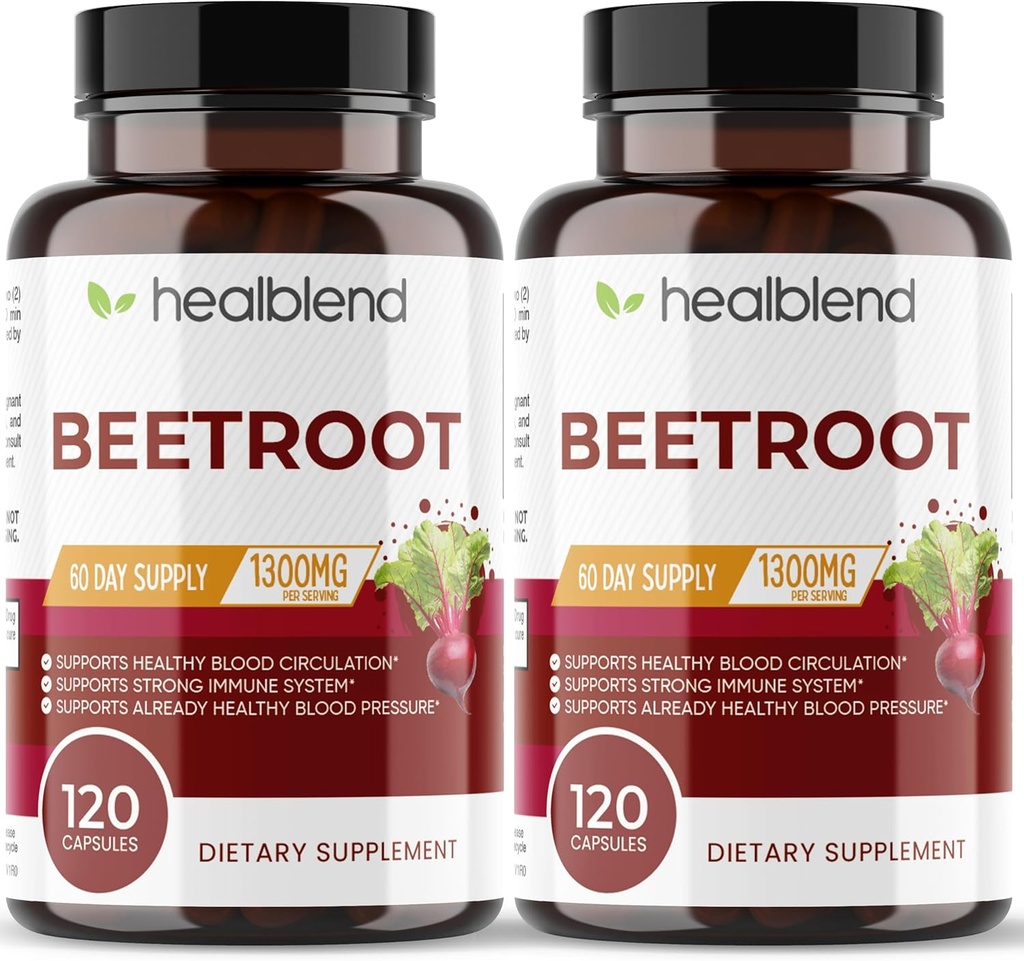 healblend Organic Nitric Oxide Beet Root Capsules 1300mg - Sistema de soporte Immune, Nitric Oxide Booster - 120 Conde (2 Pack)
