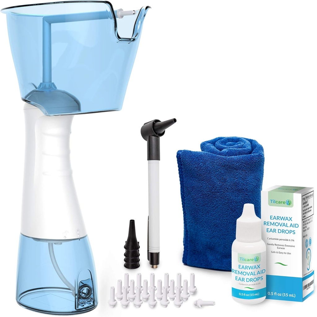 Kit de eliminación de cera de oído eléctrico por Tilcare - Máquina de limpieza de oído recargable para riego por oído - Kit completo de flujo de oído para adultos &amp; niños - sistema de lavado de oído con gotas de oído, otoscopio, toalla &amp; 30 consejos