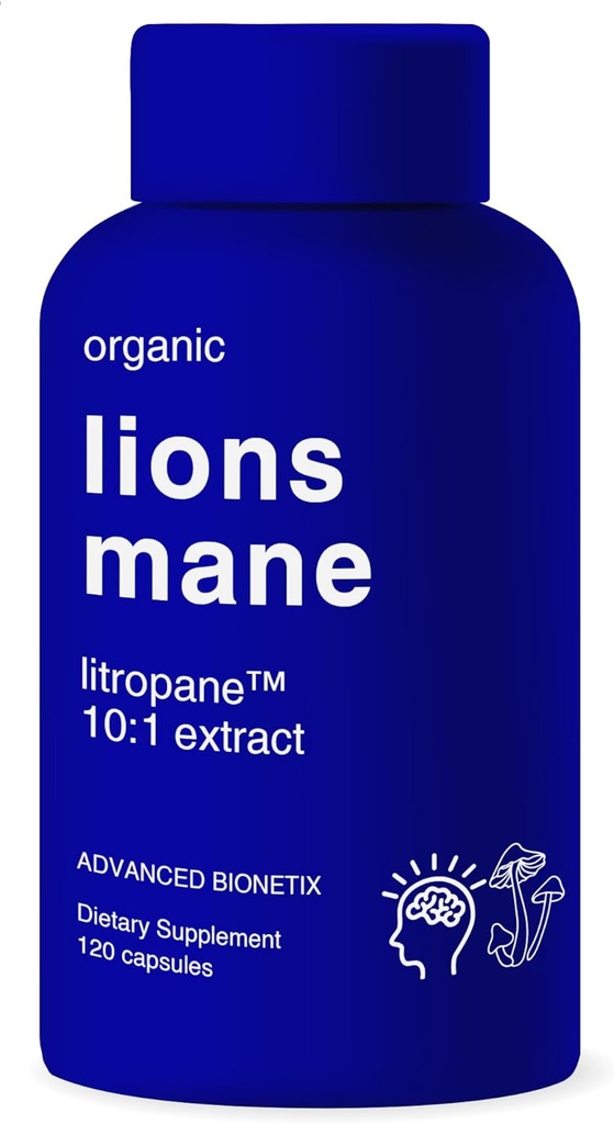 Organic Lions Mane Suplemento 120 Capsules. Apoyo cerebral Nootropic Immune System Support Mushroom Suplemento. Extracto 10X Similar a 18.000 mg, Contiene pendiente de patente LitropaneTM