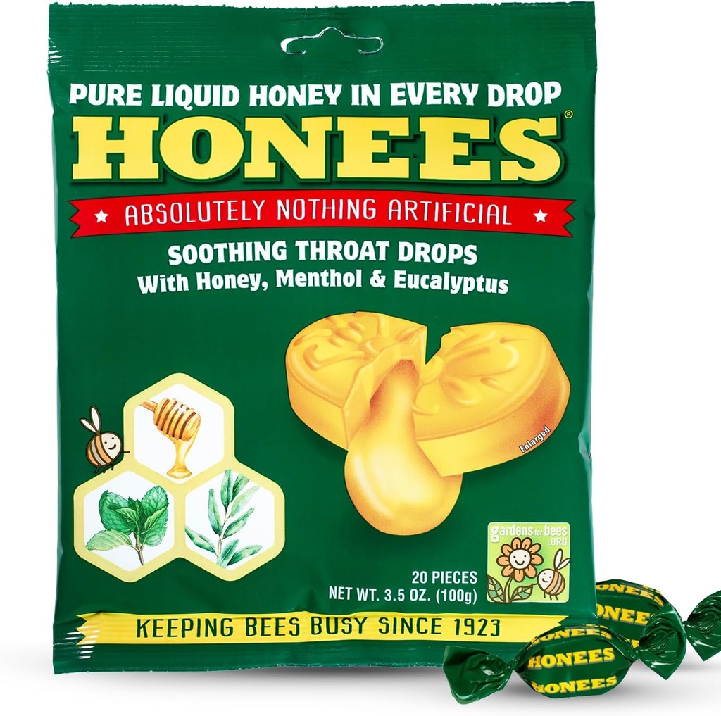 Honees Honey Menthol Cough Drops - 20-Pieces, Single Pack Honey-Filled Lozenges ← Alivio Temporal de la Tos ¦ Soothes Sore Throat