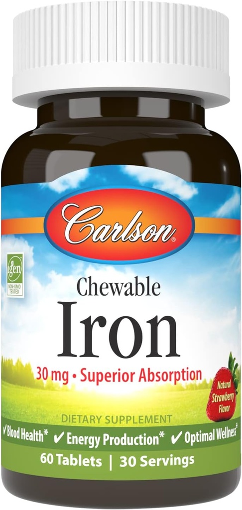 Carlson - Hierro Chewable, 30 mg, Absorción Superior, Salud de la Sangre, Producción de Energía y Bienestar Optimal, Sabor de Fresa Natural, 60 Tablas