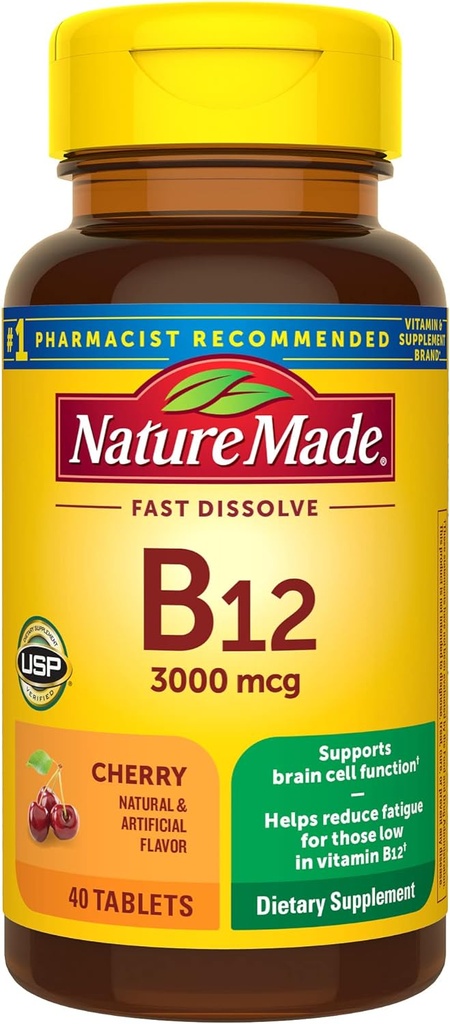 Nature Made Vitamina B12 3000 mcg, Easy to Take Sublingual B12 for Energy Metabolism Support, 40 Sugar Free Fast Dissolve Tablets, 40 Day Supply