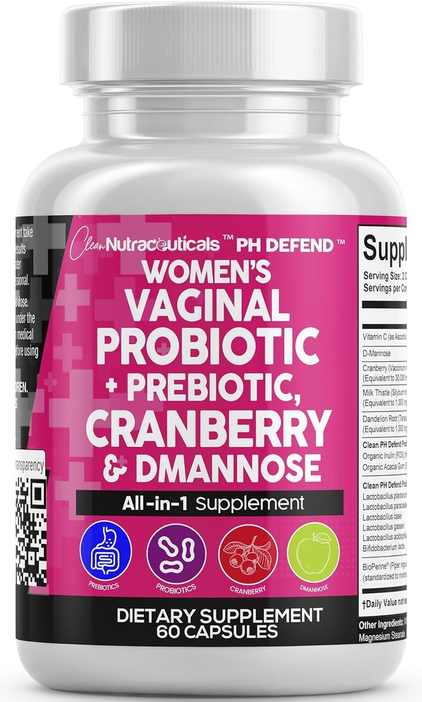 Nutracéuticos limpios Probióticos vaginales para mujeres con arándano, D-Mannose, Prebióticos, pH Balance Support, Feminine Health, Urinary Tract Cleanse – Cápsula Alternativa a Gummies – 60 Cuenta