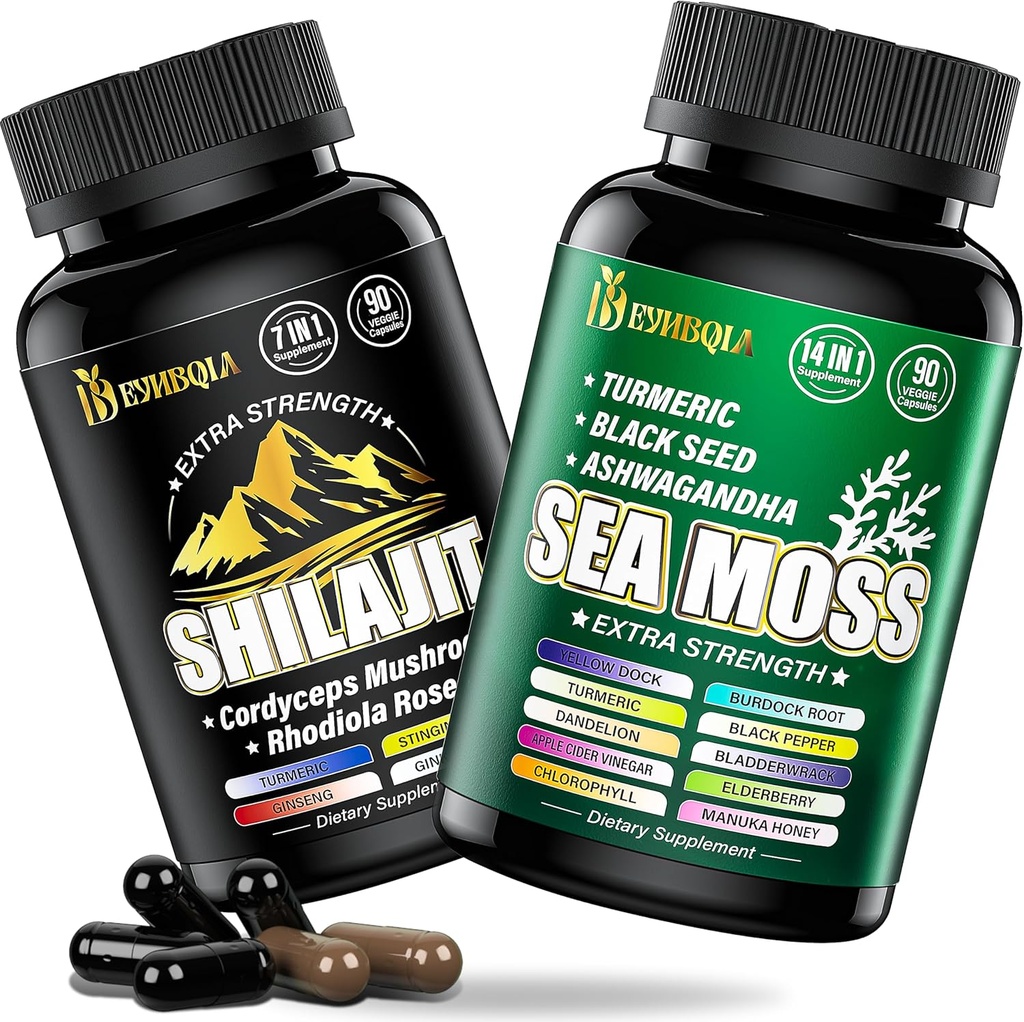 Sea Moss y shilajit Bundle - 90 Cuenta - Sea Moss, Black Seed Oil, Ashwagandha, Turmeric " Shilajit, Rhodiola Rosea,Burdock, Bladderwrack 21 en 1 Suplementos (2 Packs) Brown