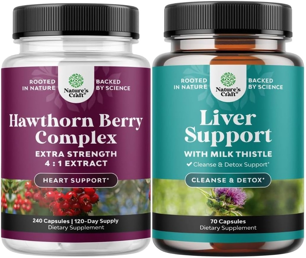 Bundle of Extra Strength Hawthorn Berry Capsules - Extract Digestion and Heart Health Supplement and Liver Cleanse and Detox " Repair Formula - Herbal Liver Support Supplement