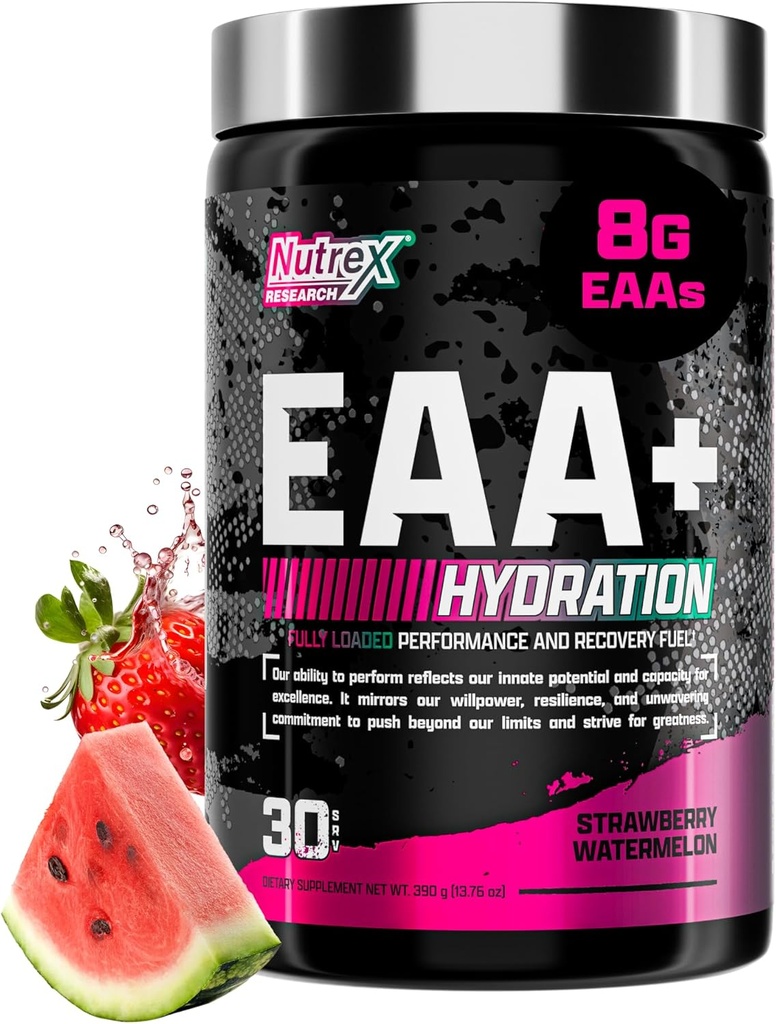 Nutrex Research EAA Hydration ← EAAs + BCAA Powder  durable Muscle Recovery, Strength, Muscle Building, Endurance ⋅ 8G Essential Amino Acids + Electrolytes  durable Strawberry Watermelon 30 Serving