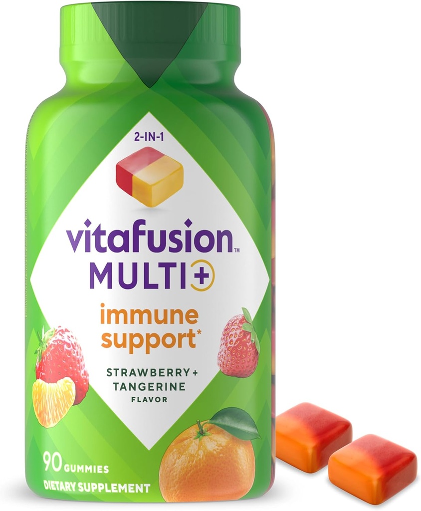 Vitafusion Multi+ Immune Support* – 2-en-1 Beneficios &amp; Sabores – Vitaminas de Gummy Adulto con Vitamina C, Zinc, Multivitamínicos Diarios, 90 Cuenta