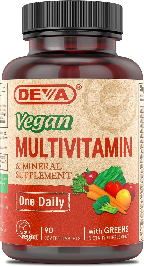 DEVA Suplemento Multivitamina y Mineral vegano - Fórmula de una vez por día con verdes - Vitaminas A, C, D, E, Complejo B, Fórmula de alta potencia para la salud y el bienestar diarios- 90 Tabletas caladas, 1-Pack