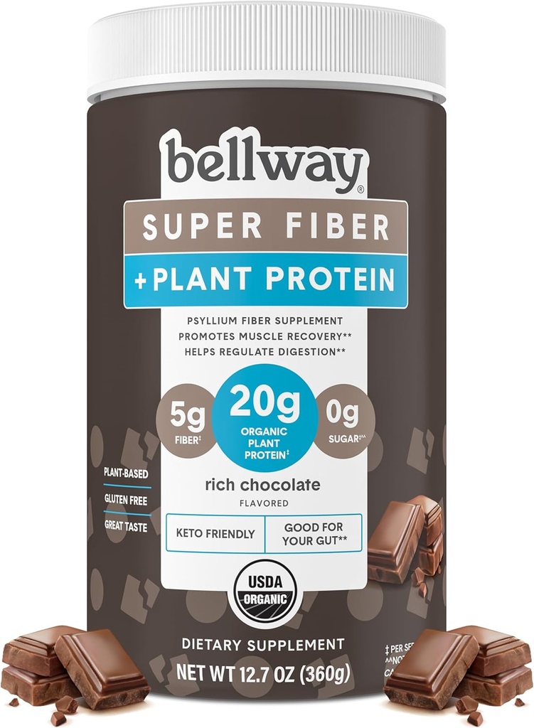 Bellway Super Fiber + Protein Powder, Psillium orgánico libre de azúcar Hierro Suplemento Polvo con 20g Proteína vegetal por ser, Chocolate rico, 12.7 oz