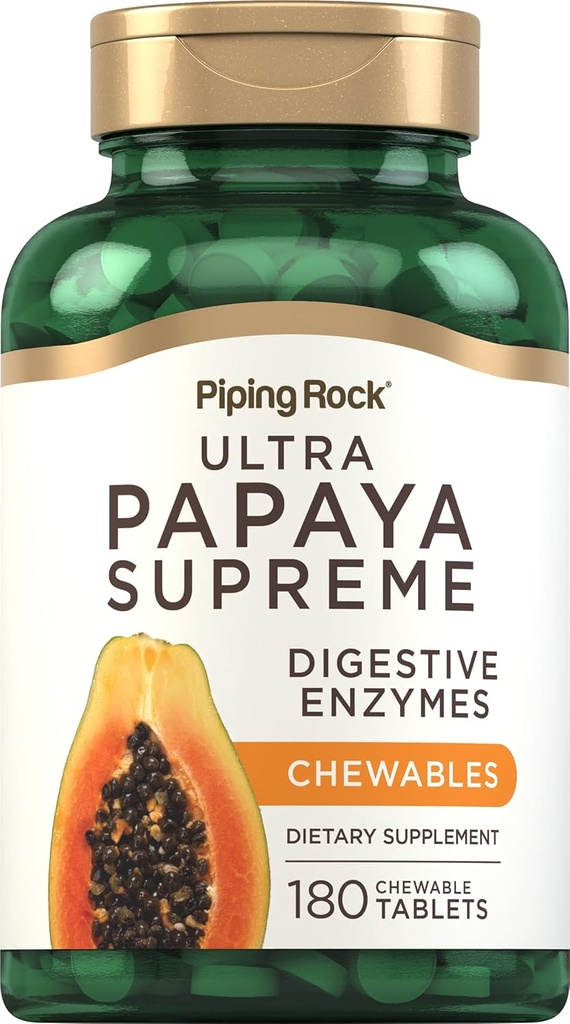 Piping Rock Papaya Digestive Enzymes Chewables ← 180 Tablets tención Suplemento para Mujeres y Hombres Silencio Tropical Flavor ← Vegetarian, Non-GMO, Gluten Free Formula