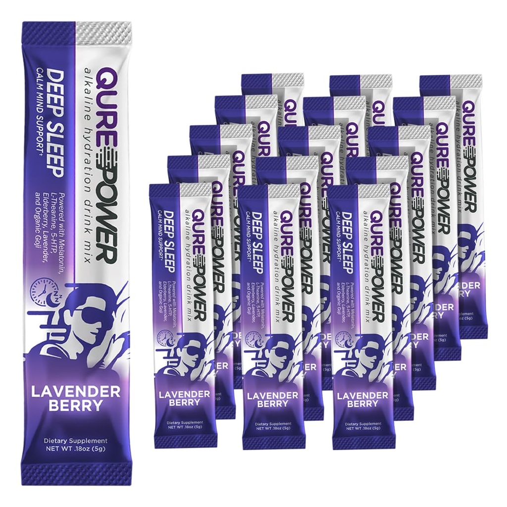 QURE Deep Sleep Aid Drink Mix w/ 5mg Melatonin & L-Theanine for Stress Relief | Non - Habit Forming Magnesium & 5 - HTP Powder | Alkaline Hydration | 15 Sticks (1 Box)