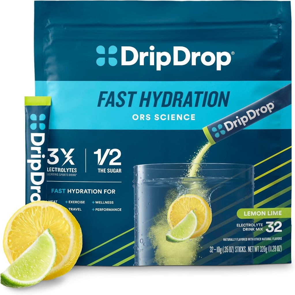 DripDrop Hydration Packets - Lime de limón - Single Serve Electrolytes Powder Drink Mix - Non-GMO, Gluten Free, Vegan - 32 Sticks