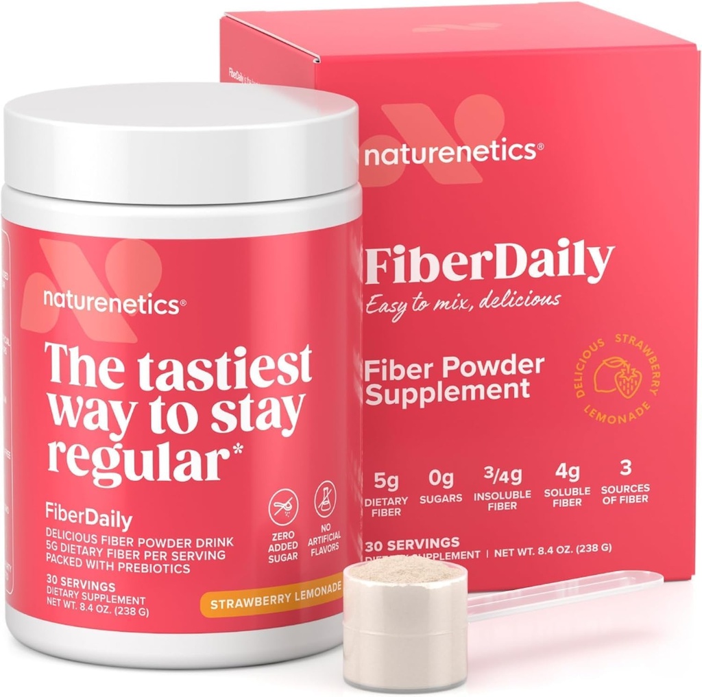 FiberDaily Delicious Fiber Powder - Organic Psyllium Husk, Agave Inulin &amp; Sunfiber® Guar Gum Strawberry Lemonade Drink, Sugar-Free, Soluble Fiber, Prebiotic Fiber Supplement, Vegan, 30 Servings