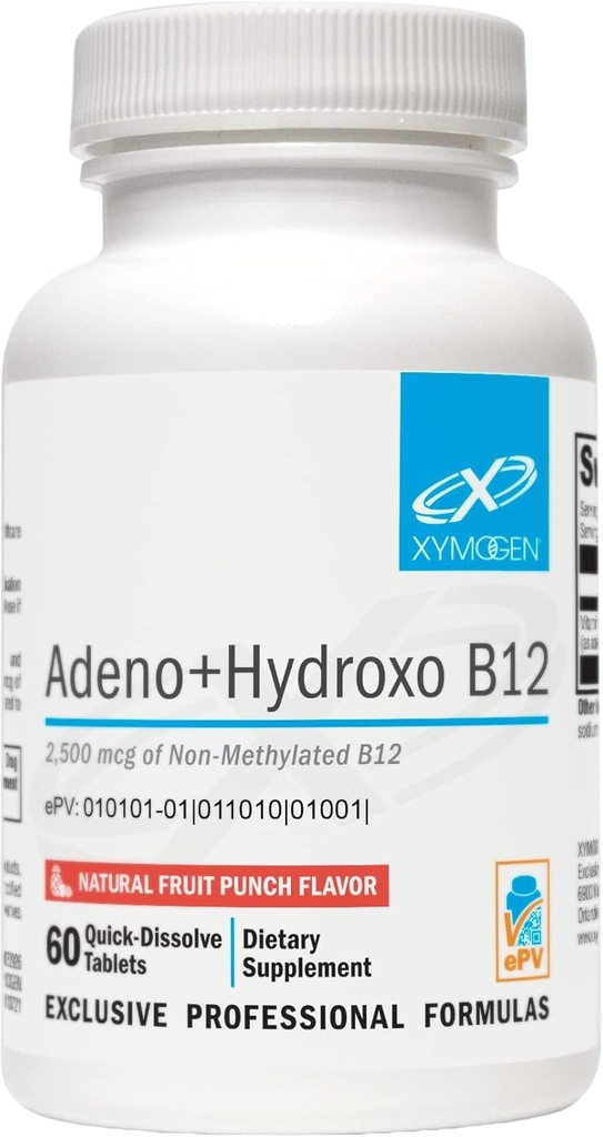 XYMOGEN Adeno+Hydroxo B12 - Non-Methylated (2,500mcg) - Quick-Dissolve B12 Lozenges with Adenosylcobalamin B12 + Hydroxocobalamin - Soporte Cognitivo, Fruit Punch Flavor (60 Tablets)