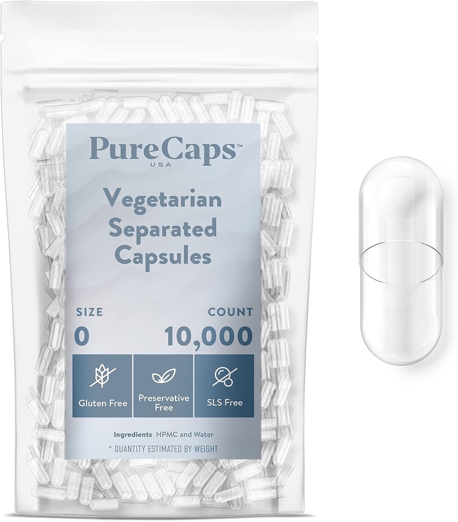 PureCaps USA- Empty Vegetarian Vegan Pill Capsules Talla 0 sometida 10,000 Pills Separados soporta Clear ← Non-GMO Certified ¦ SLS, Gluten, Preservative Free