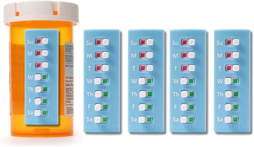 Take‐n‐Slide Peel and Stick Reusable for 12 + Refills, Pill/Medication/Vitamin/Pet Med Tracker & Reminder, Attach to Your Bottle, Organizer-Free, Curved‐Back (Blue, 5-Pack)