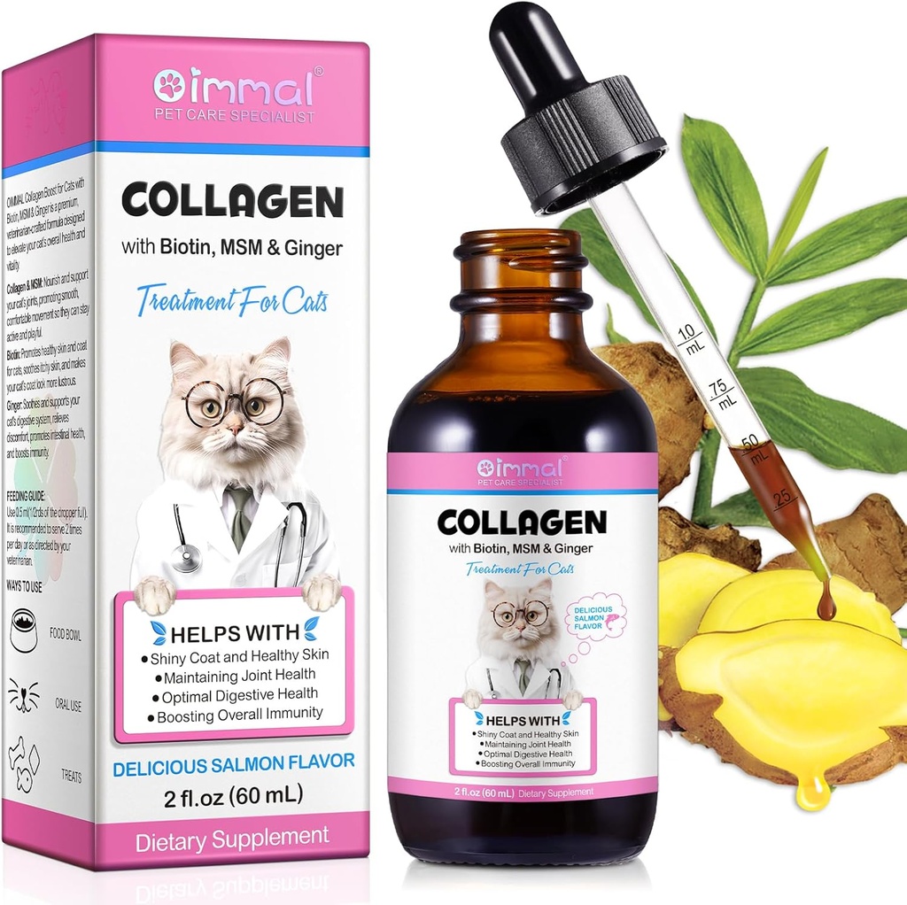 Collagen for Cats, Cat Collagen Liquid Drops for Cats with Biotin, MSM & Ginger Digestive &amp; Immunity Support, Itch Relief, Skin & Coat and Joint Health, Cat Supplement 60ml