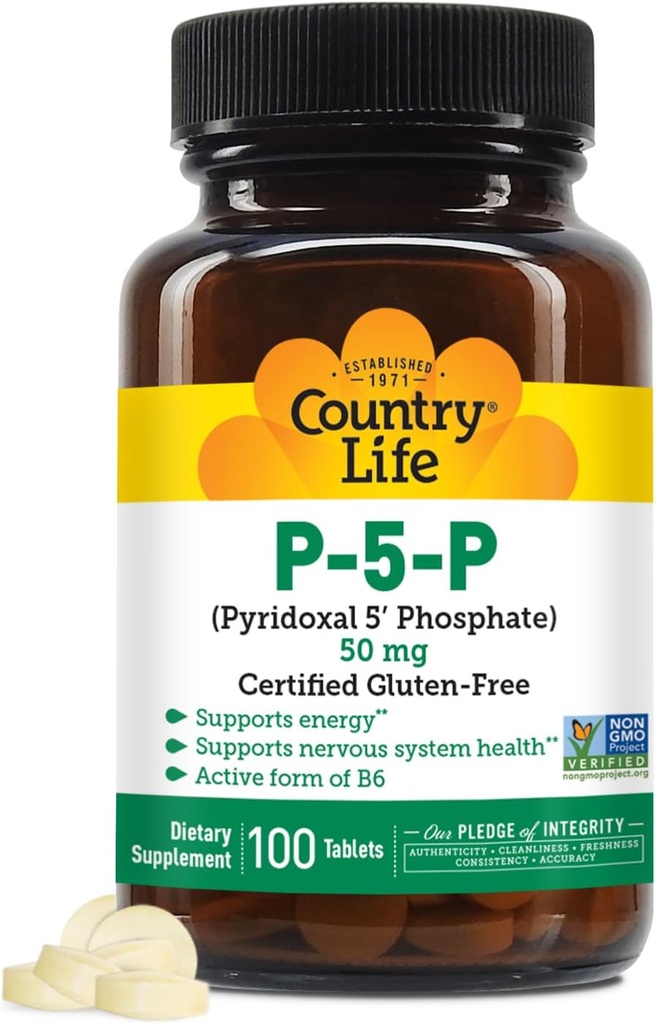 Country Life P-5-P Vitamin B6 – Bioavailable Pyridoxal-5-Phosphate Supplement for Energy, Nervous System Support, and Red Blood Cell Growth – Certified Gluten Free, Vegan, Non-GMO – 100 cápsulas