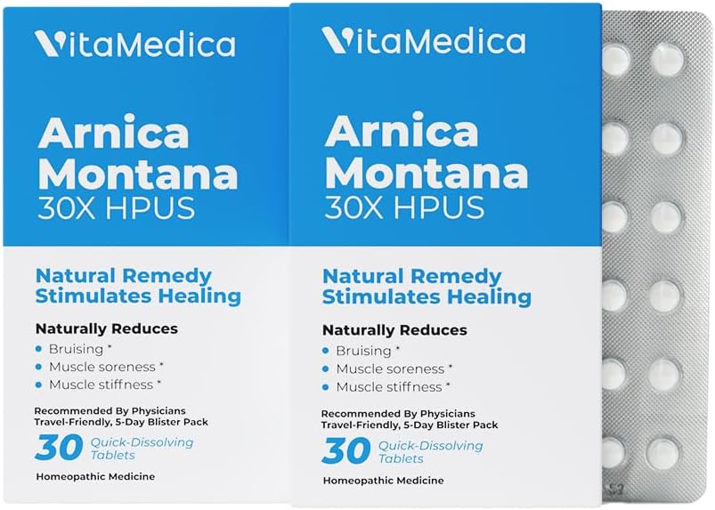 VitaMedica Arnica Montana Blister Pack 30X Tablets for Bruising Pain and Swelling ⇩ Fórmula basada en plantas recomendadas por Plastic Surgeons ← Recuperación natural Cirugía o lesión TEN 2 Pack ANTE 30 Servings