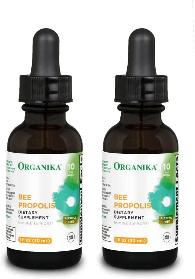 Organika Bee Propolis Tincture 1 oz x 2 Pack: Clean and Vegan Propolis Extract for Immune Defenses, Throat, and Breath - Free of Gluten, GMO, " Artificial Flavors - 20 Day Prop Drops Supply