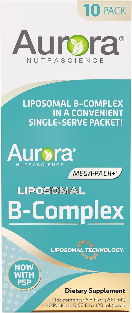 Aurora Nutrascience Mega-Liposomal B-Complex + Vitamina C, Soporta Energía, Immune & Nervous System Health, Gluten Free, Non-GMO, Libre de Azúcar, Orange Flavor, 10 Single Serve Packets