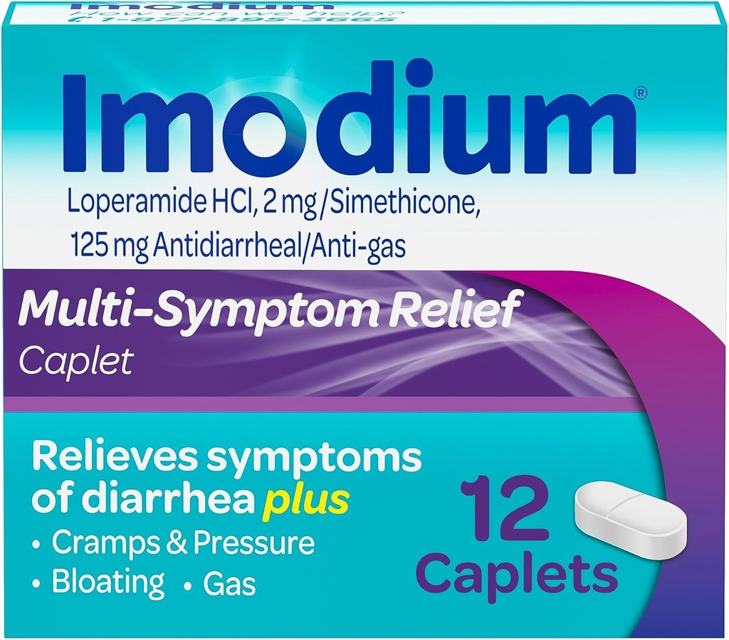 Imodium Multi-Symptom Relief Caplets, Loperamide Hydrochloride & Simethicone Anti-Diarrheal Medicine for Relief of Diarrhea, Gas, Bloating, Cramps & Pressure, HSA/FSA Eligible, 12 ct