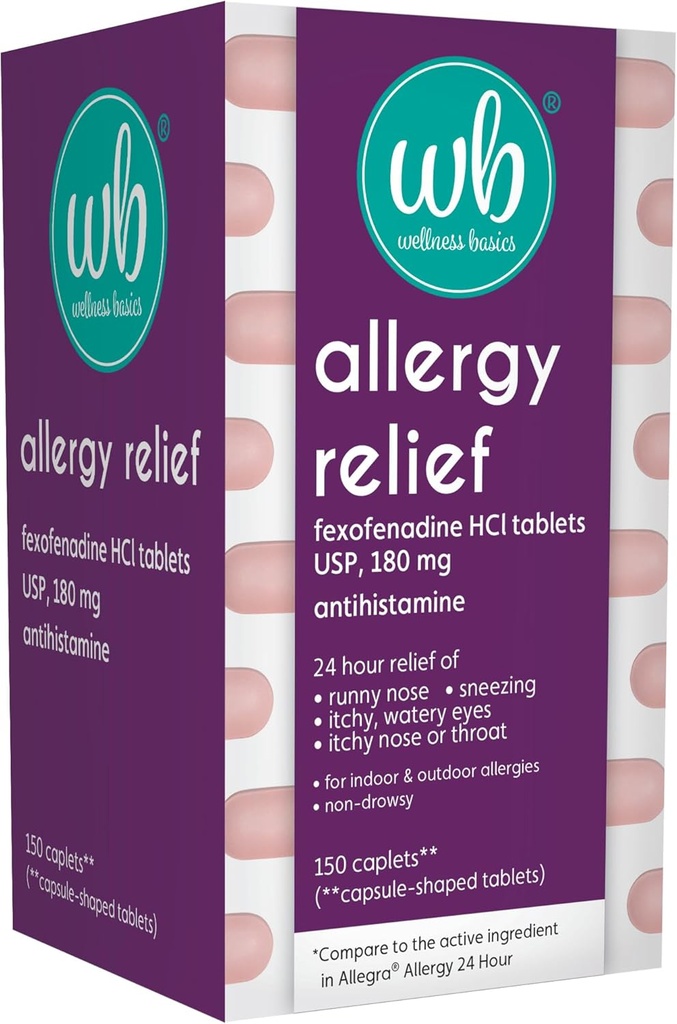 Wellness Basics Alivio de la Alergia TEN Fexofenadine HCL180 mg Tablet TEN 150 Conde Silencio 24-Hour Relief ← Antihistamínico no Hornoso ANTE Relieves Indoor &amp; Alergias al aire libre