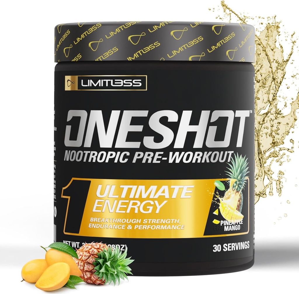 ONESHOT Pre Workout Powder for Men and Women - BCAAS Amino Acids Supplement Powder, 200mg Caffeine, Beta Alanine Powder, Citrulline Malate Preworkout Powder - Pineapple Mango - 30 Servings