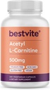 BESTVITE Acetyl L-Carnitine 500mg (240 cápsulas vegetarianas) - No Stearates - Vegan - No GMO - Gluten Gratis