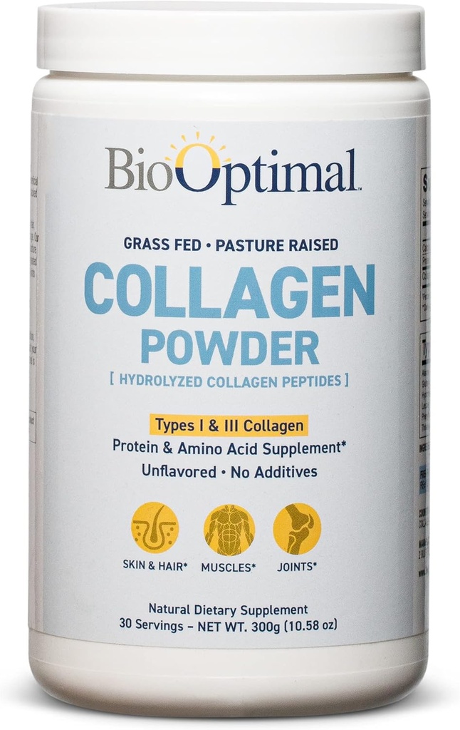 BioOptimal Collagen Peptides Powder - Grass-Fed, Pasture-Raised Hydrolyzed Protein Supplement for Skin, Hair, & Nails - Non-GMO, Zero Sugar Daily Supplement for Men &amp; Women (30 Servings)