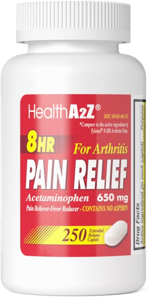 HealthA2Z® Pain Relief Extended Release | Acetaminophen 650mg | 8 Hours | Arthiritis Pain | Pain Reliever - Fever Reducer | Contains no Aspirin | (250 Caplets)