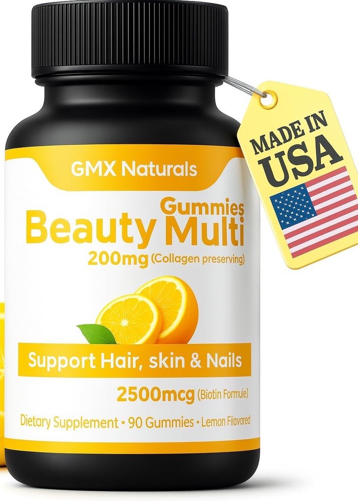 Hair Skin and Nails Vitamins Gummies Support with Biotin & Collagen Lemon Flavor Non-GMO, Made in USA Gummy Vitamins for Women 60 Gummies