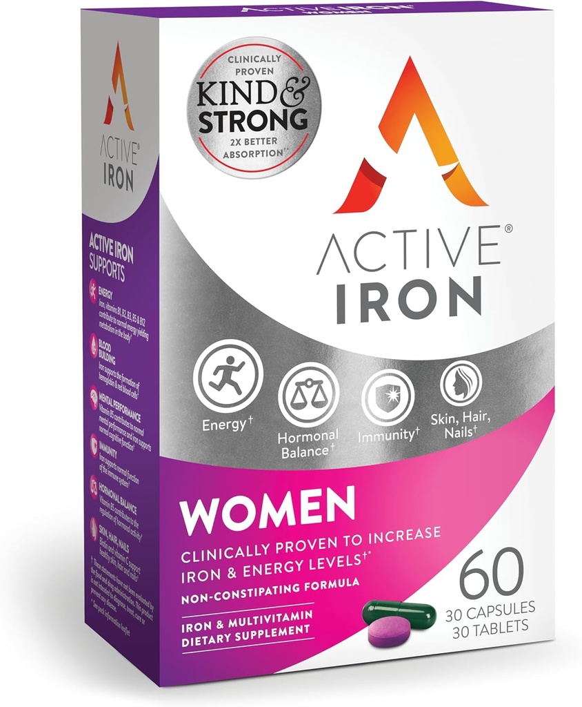 Suplemento activo de hierro 25 mg + multivitamínico para mujeres – Probado clínicamente para aumentar la energía " Reducir la resistencia – Hierro suave, no exigente + Multivitamina de mujeres – 30 cápsulas + 30 tabletas