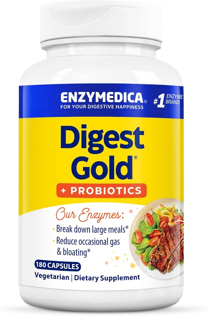 Enzymedica Digest Gold + Probióticos, 2-en-1 Fórmula para Gut Health, Enzymes Digestivos & 1 Billion Culturas Probióticas Activas, 180 Conde (FFP)
