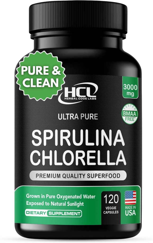 Chlorella Spirulina Powder capsules 3000 mg de BMAA Free Purest Blue Green Algae - Best Natural Detox Raw Vegan Vitaminas Protein Green Superfood - Made in USA