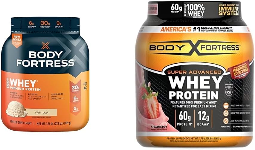 Fortaleza Corporal 100% Whey, Polvo Protein Premium, Vainilla, 1,74lbs (Packaging May Vary) & 100% Whey, Polvo Protein Premium, Fresa, 1,78lbs (Packaging May Vary)