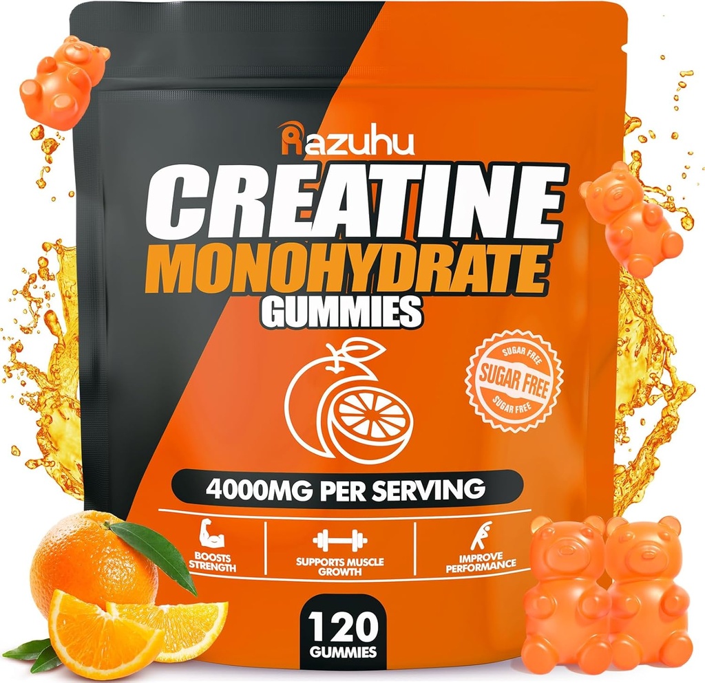 Cretina Monohydrate Gummies para Hombres &amp; Mujeres, 4g de Monohidrato de Creatina por Serving for Maximum Power Strength, Performance, Sugar Free, Vegan, Pre-Workout Suplemento(120 Conteo)-Orange